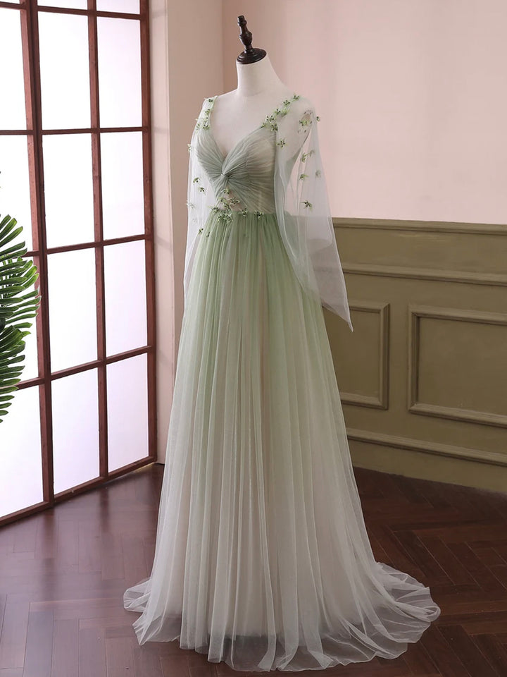 Luolandi Light Green Tulle Long Sleeve Prom Dress Gradient Floor Length Evening Dress