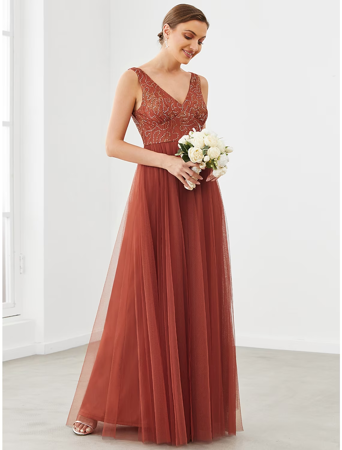 Luolandi A-Line Prom Dresses Elegant Dress Homecoming Floor Length Sleeveless V Neck Tulle with Draping Bridesmaid Dress