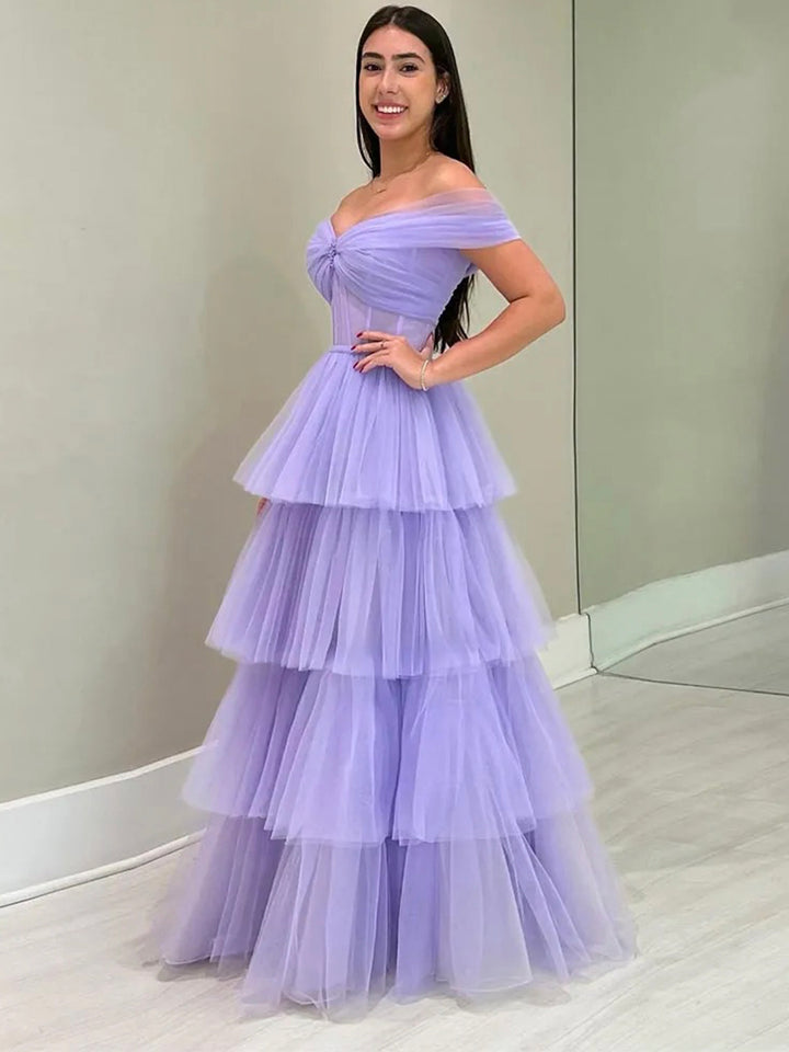 Luolandi Purple Tulle Floor Length A-Line Prom Dress Off the Shoulder Evening Party Dress Beautiful
