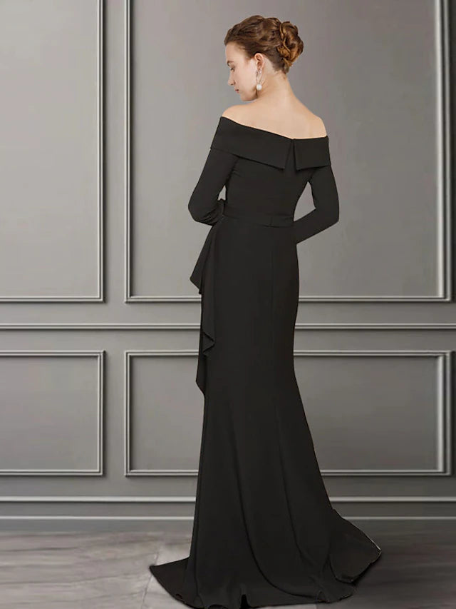 Luolandi A-Line Mother of the Bride Dress Elegant Off Shoulder Sweep / Brush Train Lace Fabric Long Sleeve with Ruched Split