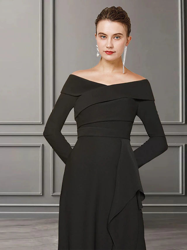 Luolandi A-Line Mother of the Bride Dress Elegant Off Shoulder Sweep / Brush Train Lace Fabric Long Sleeve with Ruched Split