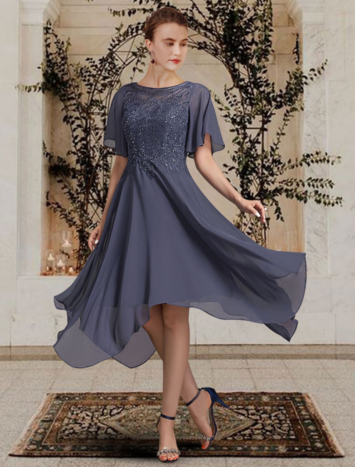 Luolandi A-Line Mother of the Bride Dress Elegant High Low Jewel Neck Asymmetrical Tea Length Chiffon Lace Short Sleeve