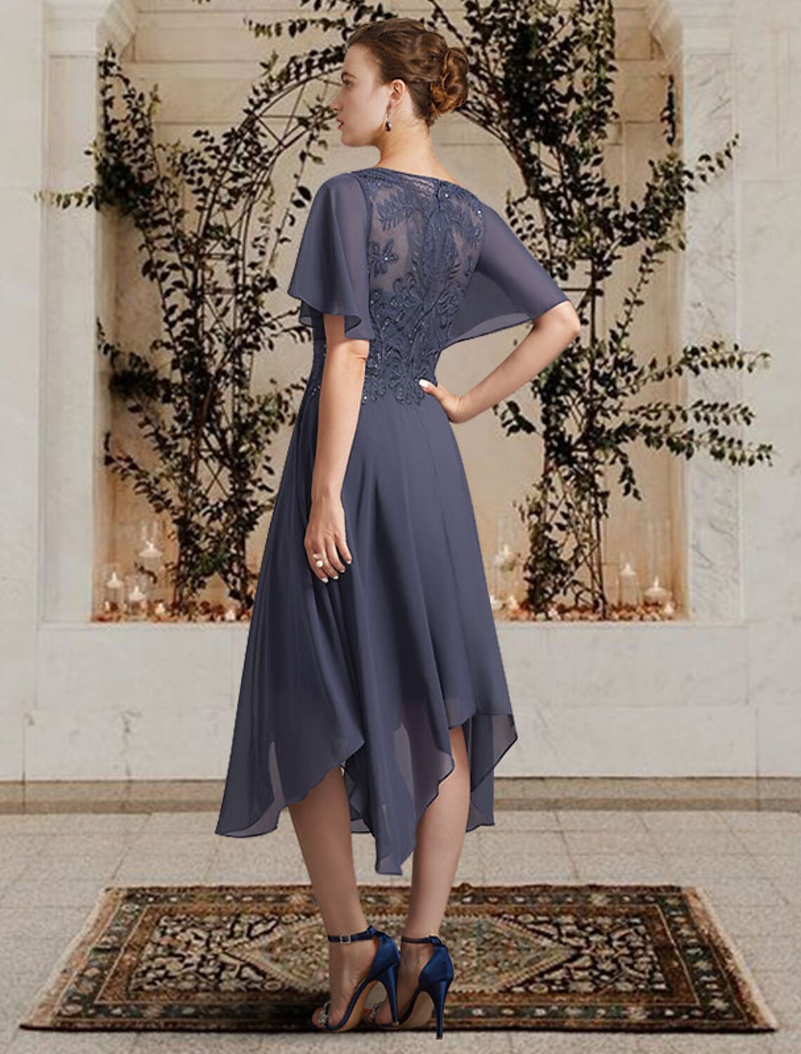 Luolandi A-Line Mother of the Bride Dress Elegant High Low Jewel Neck Asymmetrical Tea Length Chiffon Lace Short Sleeve