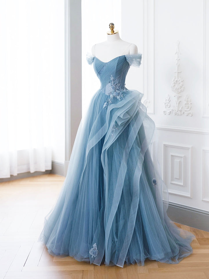 Luolandi Sweet Blue Tulle Lace Long Formal Dress A-Line Off Shoulder Evening Prom Dress