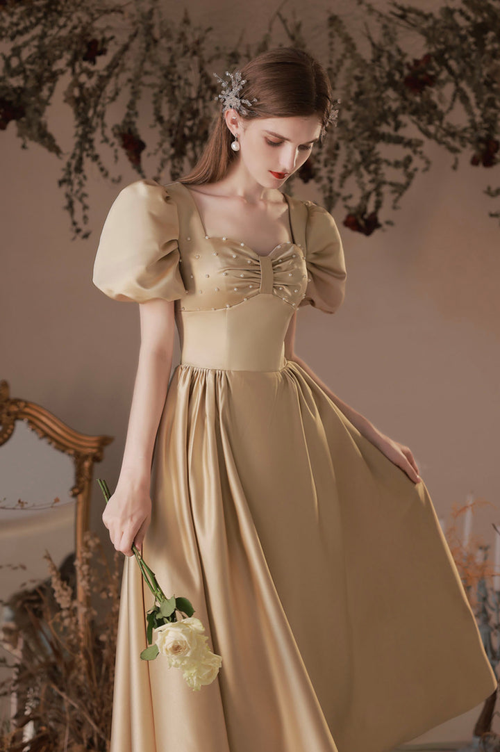 Luolandi Cute Satin Tea Length Prom Dress A-Line Short Sleeve Graduation Party Dress Sexy