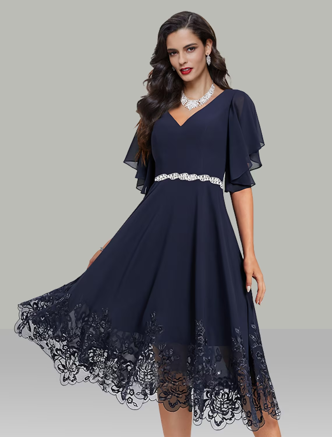 Luolandi A-Line Wedding Guest Dresses Elegant Dress Cocktail Party Tea Length Short Sleeve V Neck Belt / Sash Chiffon with Rhinestone Glitter