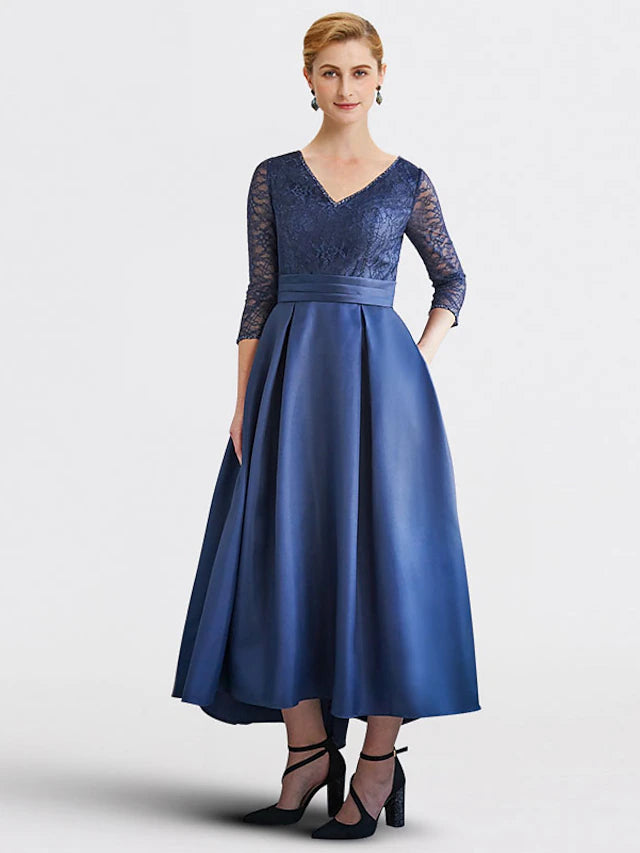 Luolandi A-Line Mother of the Bride Dress Plus Size Elegant V Neck Tea Length Satin Lace 3/4 Length Sleeve