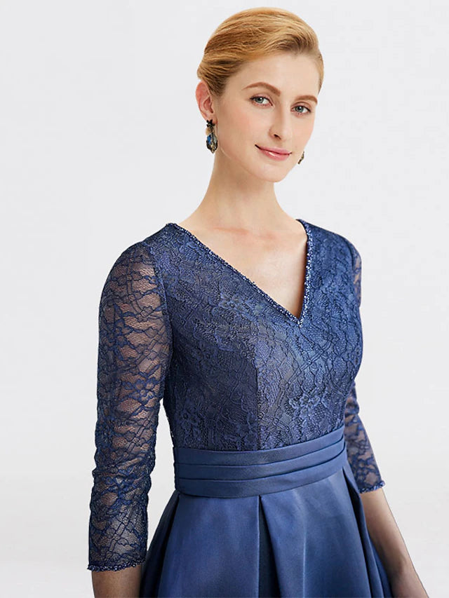 Luolandi A-Line Mother of the Bride Dress Plus Size Elegant V Neck Tea Length Satin Lace 3/4 Length Sleeve