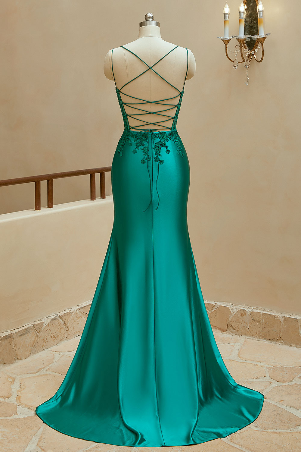 Luolandi Mermaid Spaghetti Straps Satin Slit Prom Dresses With Beaded Sexy Evening Dresses