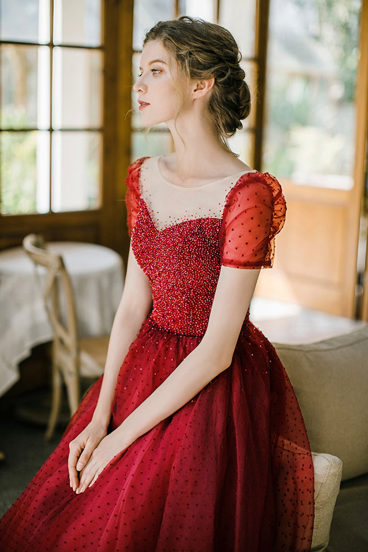 Luolandi Elegant Scoop Neckline Tulle Long Prom Dress A-Line Evening Dress with Beading Sparkly