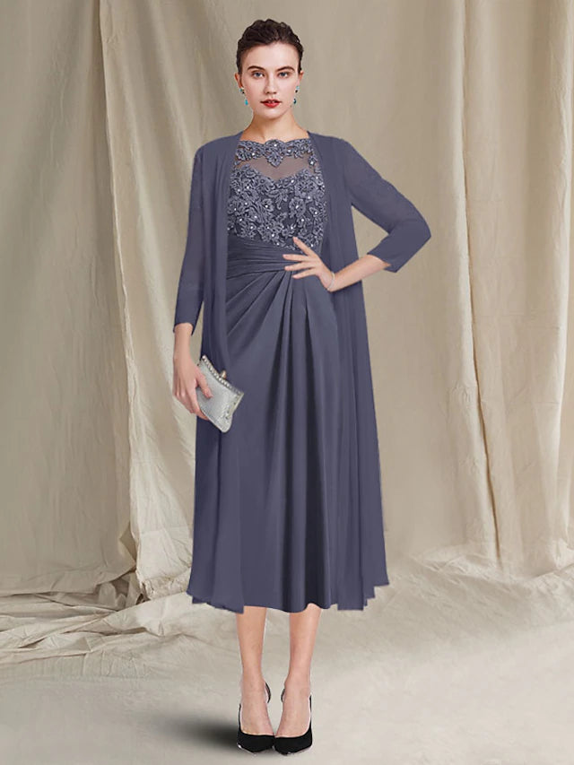 Luolandi Two Piece A-Line Mother of the Bride Dress Plus Size Elegant Jewel Neck Tea Length Chiffon Lace Half Sleeve Jacket Dresses