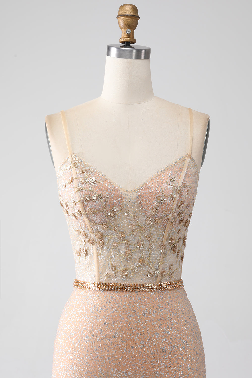 Luolandi Sparkly Champagne Mermaid Spaghetti Straps Long Corset Prom Dress with Slit Evening Dresses