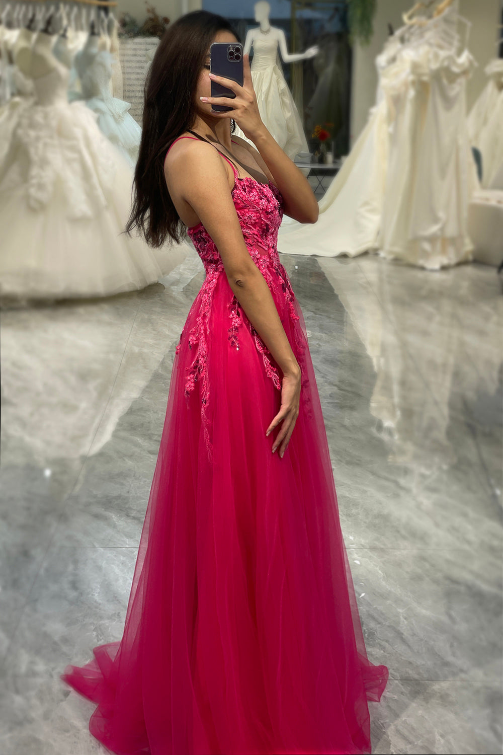 Luolandi A Line Fuchsia Spaghetti Straps Tulle Long Prom Dress With Appliques Beautiful