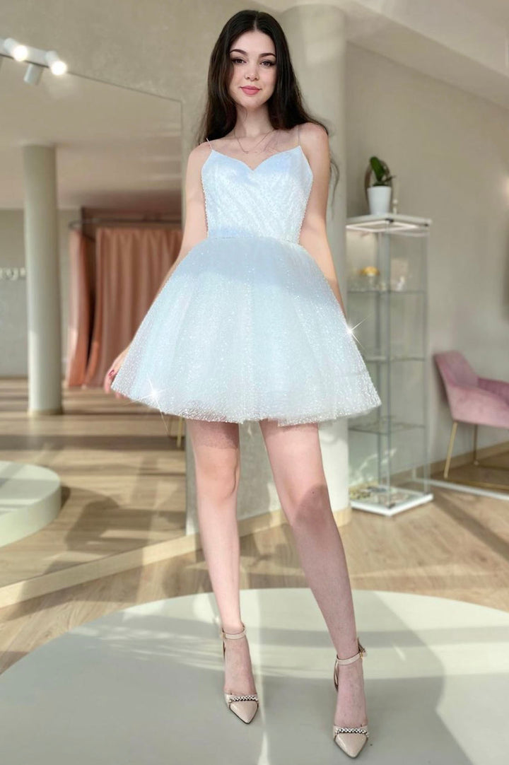 Luolandi Spaghetti Strap Tulle Short Prom Dress Cute A-Line Homecoming Dress Sparkly