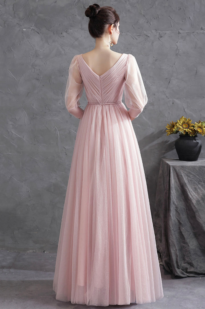 Luolandi Pink Tulle V-Neck Long Prom Dress A-Line 1/2 Sleeves Evening Dress Party Dress