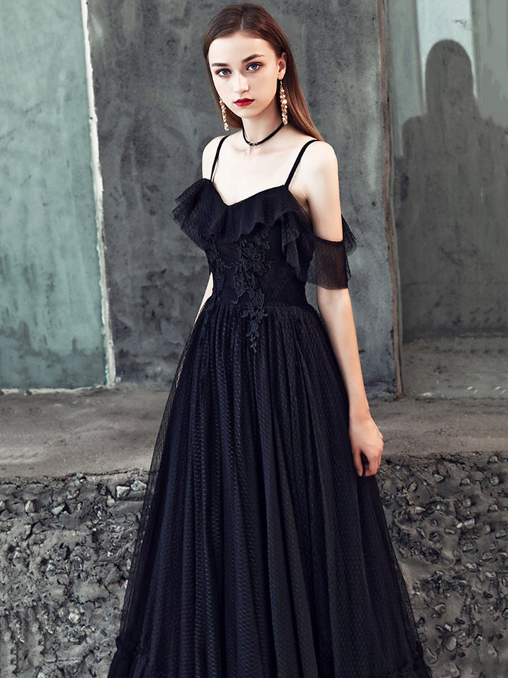 Luolandi Black Spaghetti Strap Tulle Floor Length Formal Dress A-Line Black Party Dress with Lace Sexy