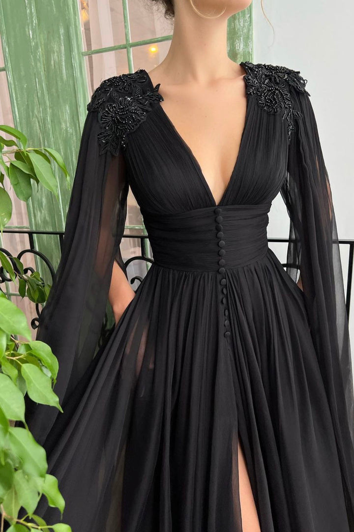 Luolandi Black V-Neck Chiffon Long Prom Dress A-Line Evening Dress with Slit Sexy