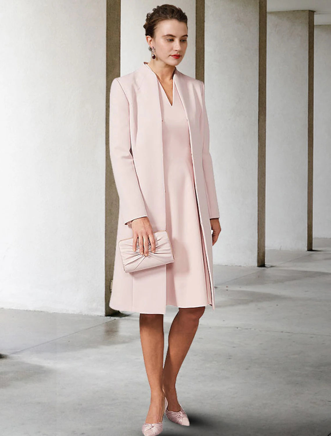 Luolandi Two Piece A-Line Mother of the Bride Dress Wedding Guest Church Elegant V Neck Knee Length Chiffon Short Sleeve Jacket Dresses