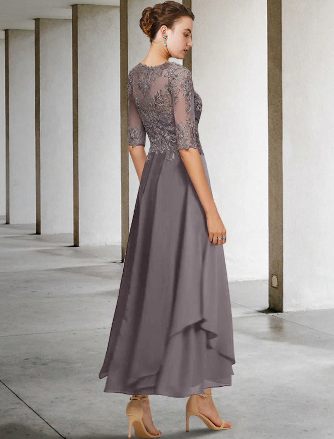 Luolandi A-Line Mother of the Bride Dress Formal Wedding Guest Elegant Scoop Neck Asymmetrical Ankle Length Chiffon Lace Half Sleeve No with Beading