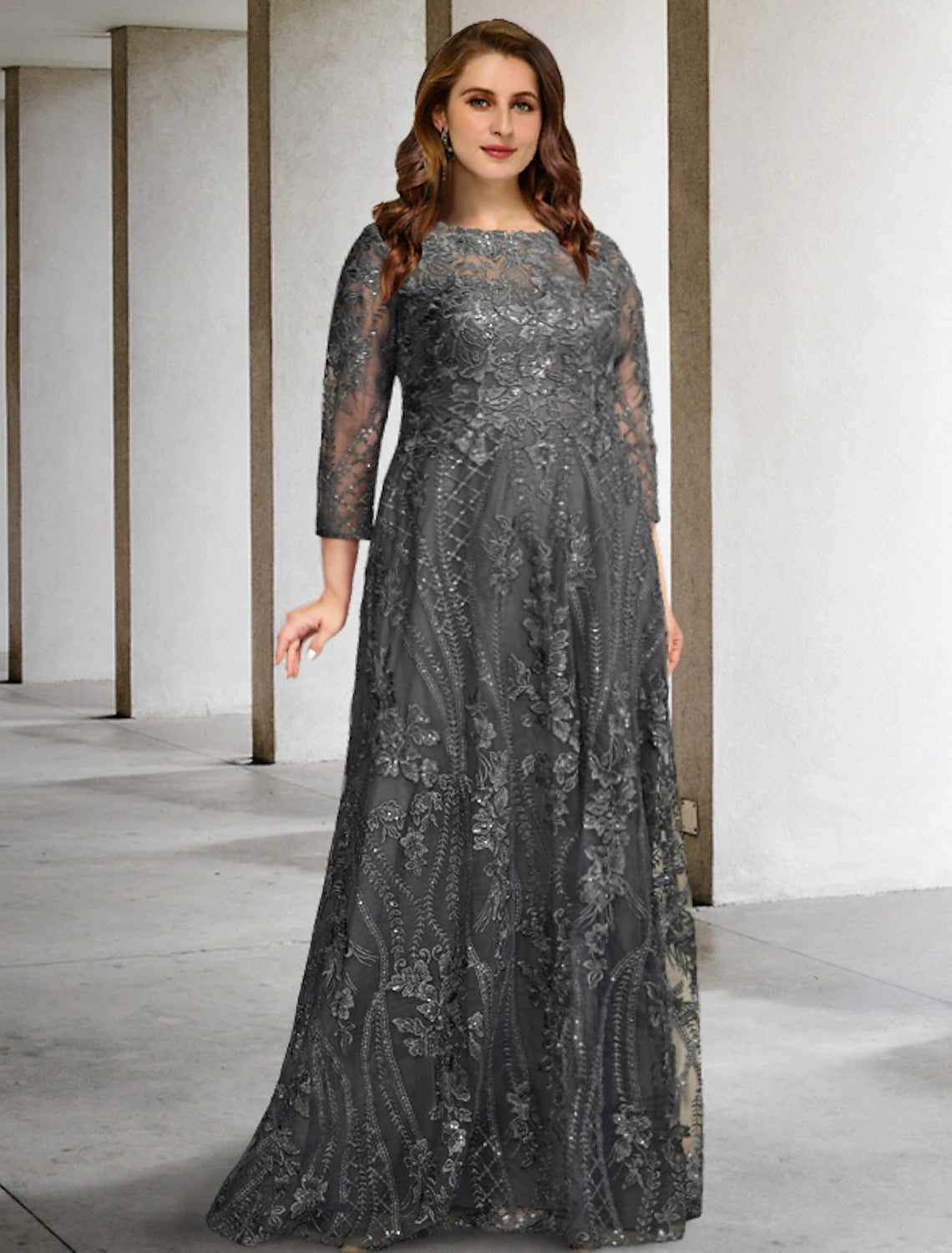 Luolandi A-Line Plus Size Curve Mother of the Bride Dresses Elegant Dress Formal Sweep / Brush Train Long Sleeve Jewel Neck with Appliques