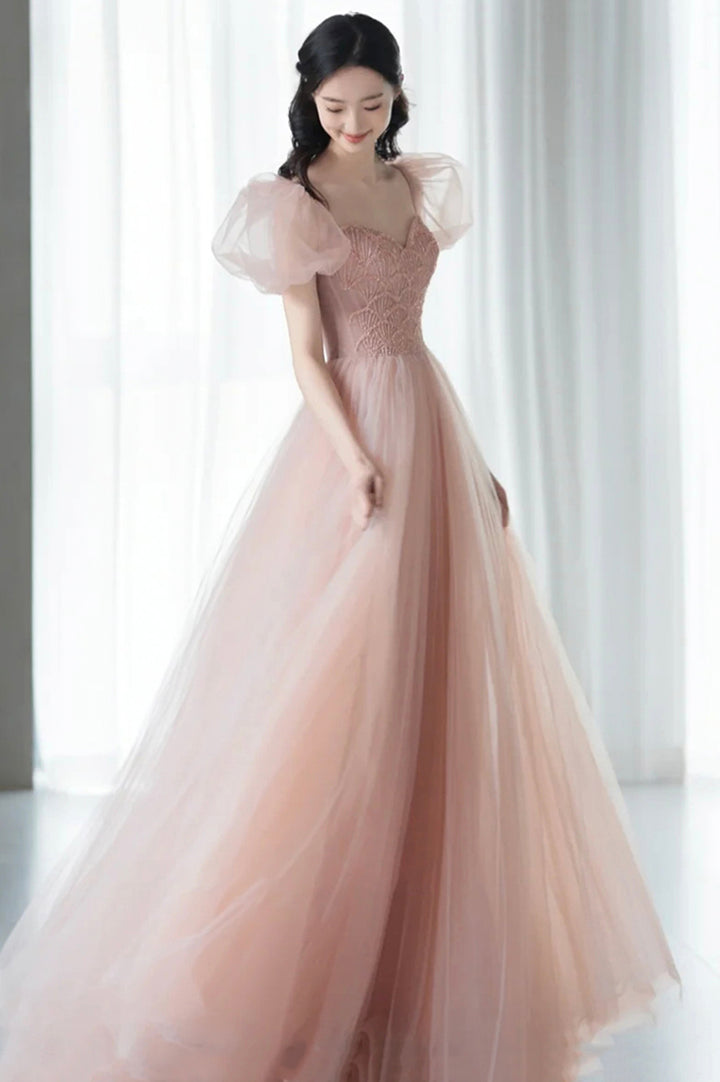 Luolandi Pink Tulle Beaded Long Prom Dress Cute Puff Sleeves Evening Dress Party Dress