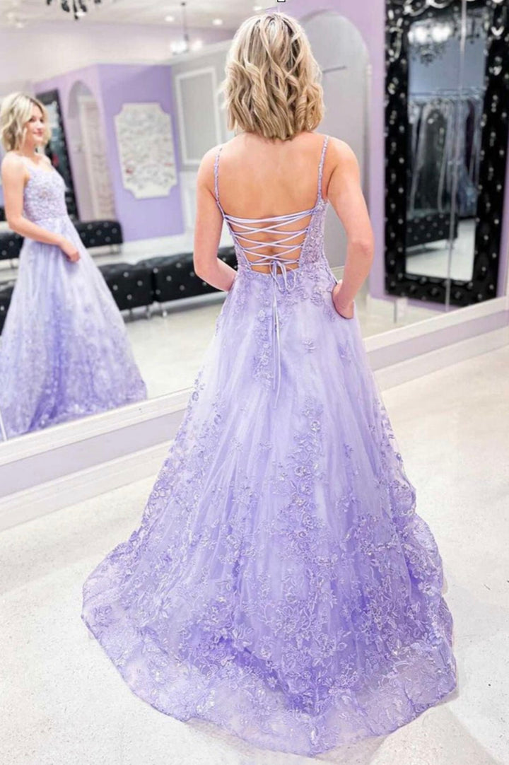 Luolandi Purple Tulle Lace Long Prom Dresses A-Line Purple Graduation Evening Dresses Beautiful