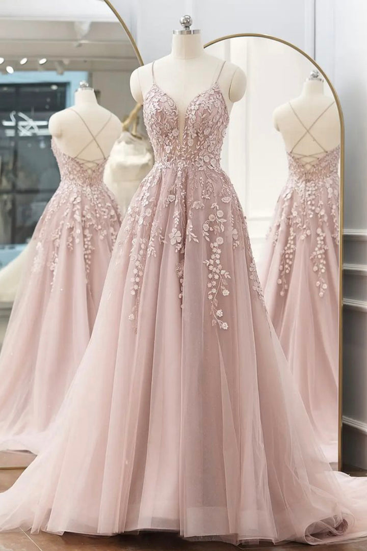 Luolandi Pink Tulle Lace Long Prom Dresses A-line Spaghetti Strap Evening Dresses Beautiful