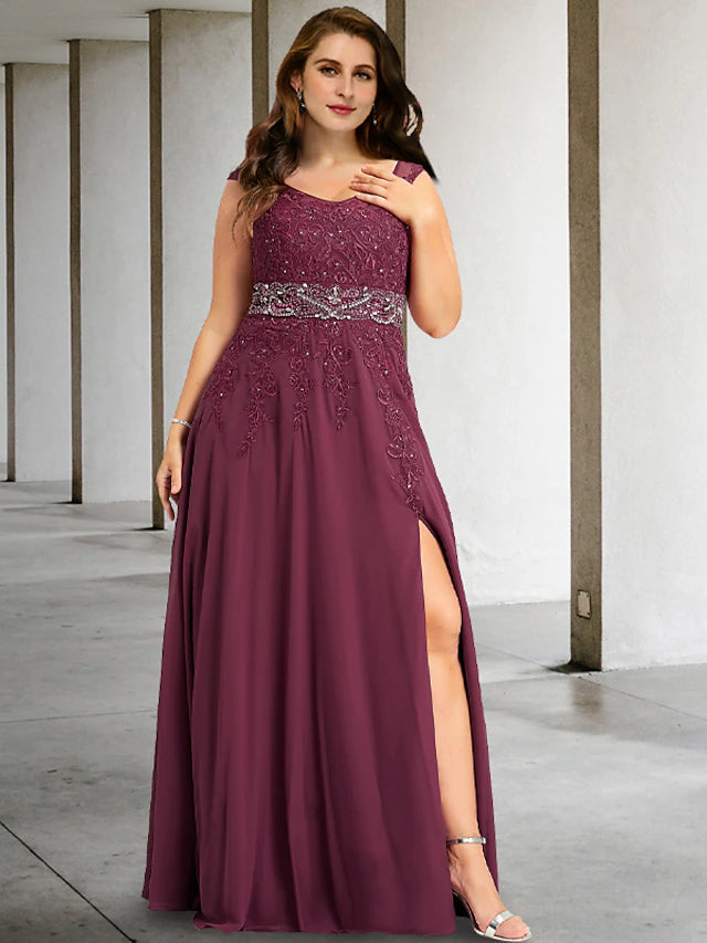 Luolandi A-Line Plus Size Curve Mother of the Bride Dresses Elegant Dress Formal Floor Length Sleeveless V Neck Chiffon with Pearls Beading