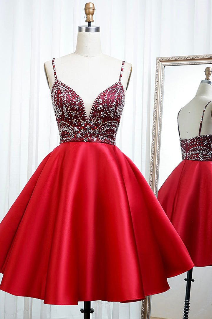 Luolandi Red Satin Beading Short Prom Dresses A-Line Homecoming Dresses Charming Graduation Dress