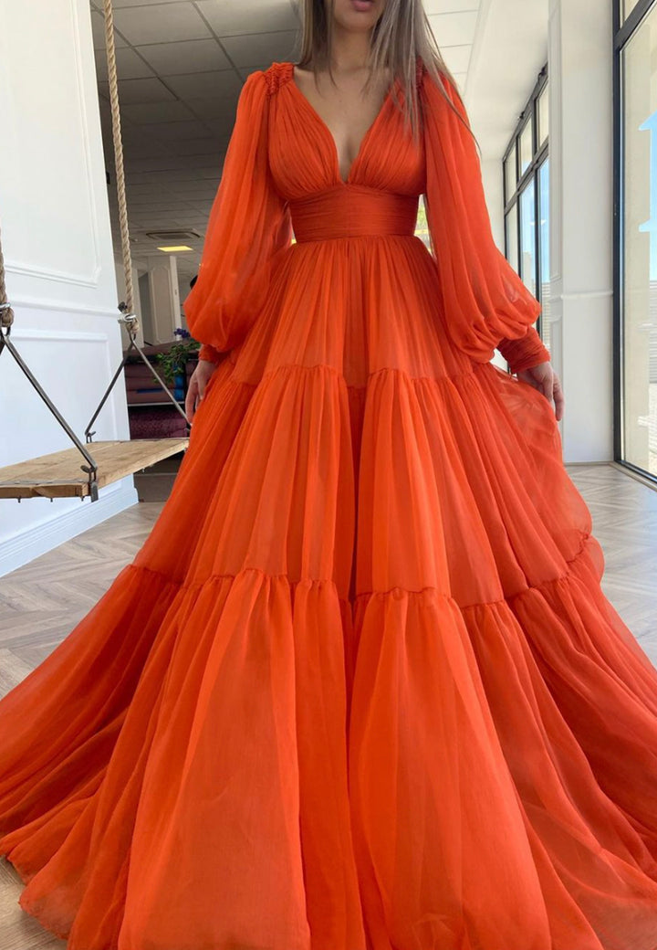 Luolandi Orange V-Neck Chiffon Long Prom Dresses A-Line Evening Dresses Sexy