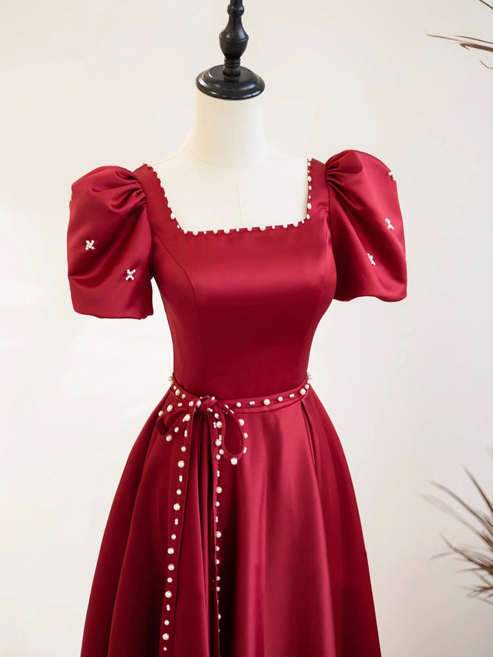 Luolandi Burgundy Satin Short Sleeve Floor Length Prom Dress Evening Dress with Pearls