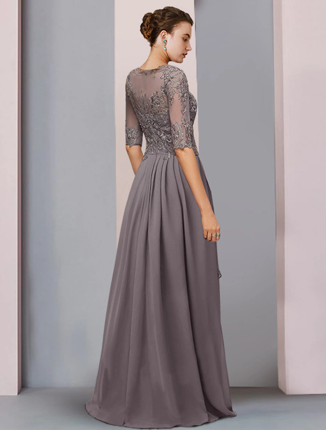 Luolandi Sheath / Column Mother of the Bride Dress Wedding Guest Party Elegant Scoop Neck Asymmetrical Chiffon Lace Half Sleeve