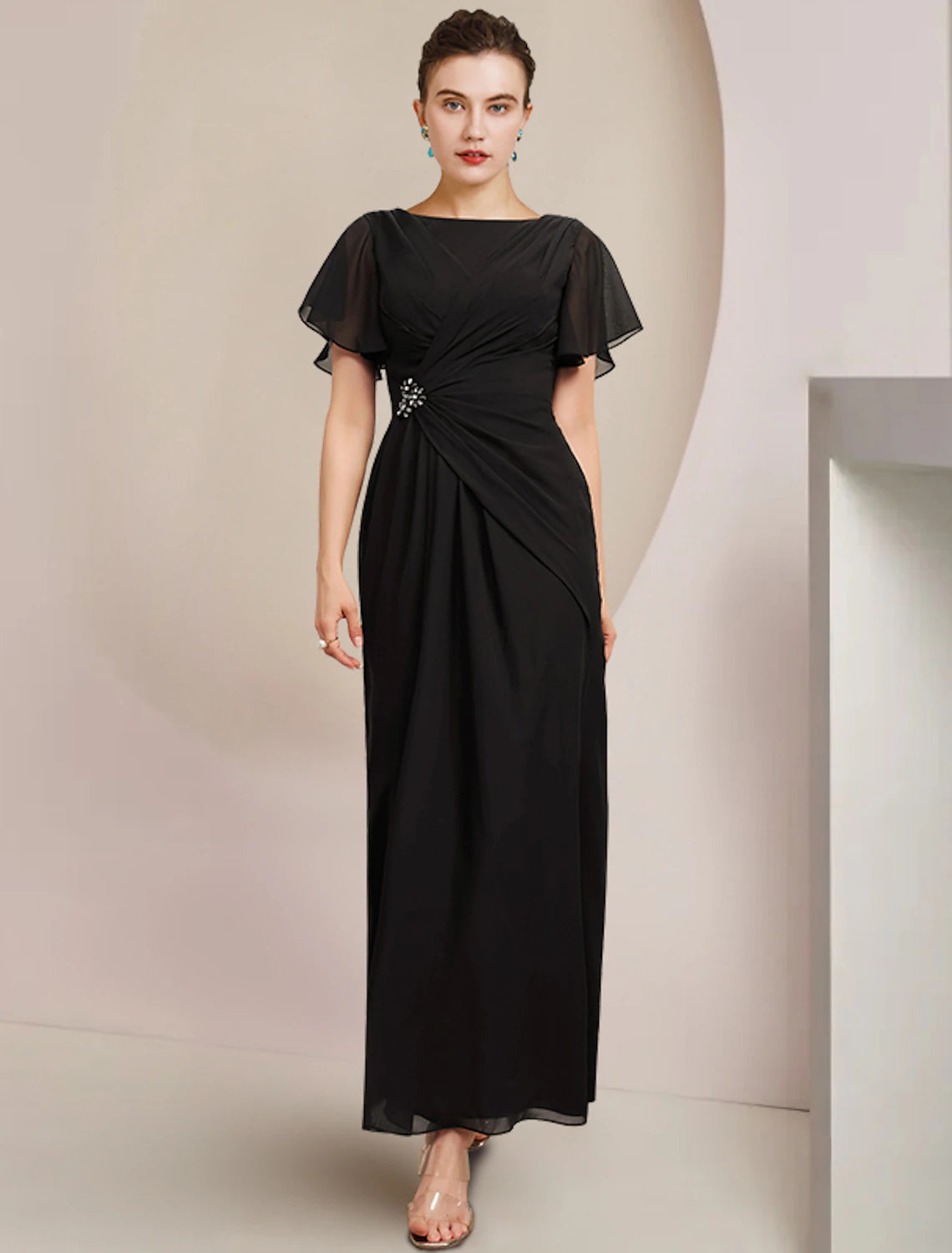 Luolandi Sheath / Column Mother of the Bride Dress Wedding Guest Elegant Scoop Neck Ankle Length Chiffon Short Sleeve with Crystal Brooch