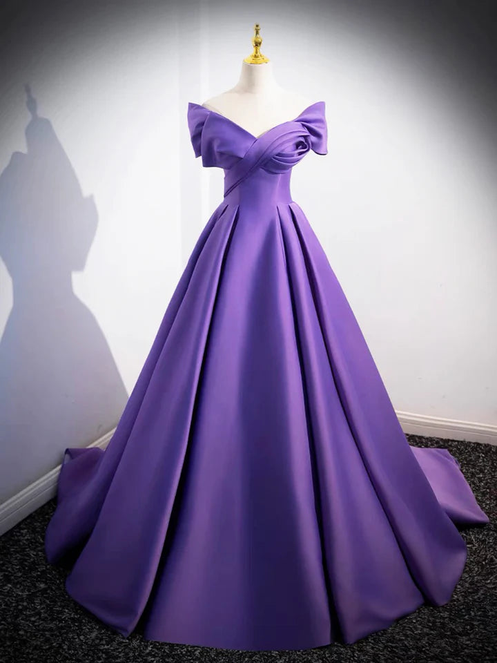 Luolandi Purple Satin Long A-Line Prom Dress Lovely Off Shoulder Formal Evening Dress V-neck