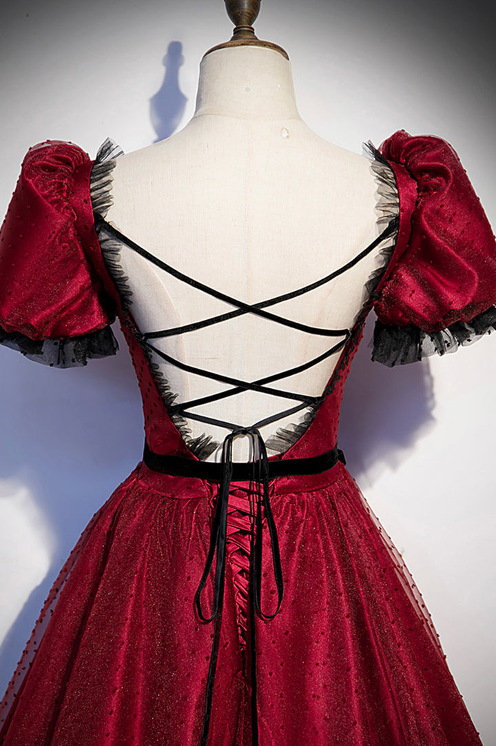 Luolandi Burgundy Tulle Long Prom Dresses A-Line Backless Evening Dresses Floor Length