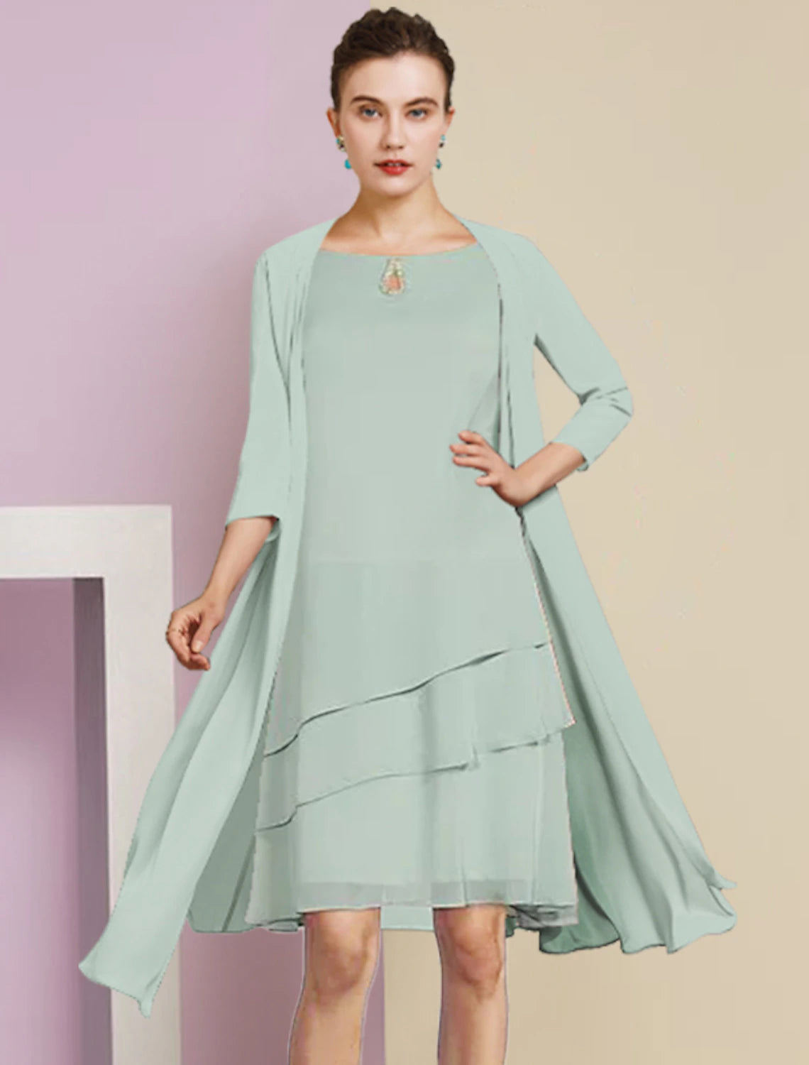 Luolandi Two Piece A-Line Mother of the Bride Dress Formal Wedding Guest Elegant Scoop Neck Knee Length Chiffon 3/4 Length Sleeve