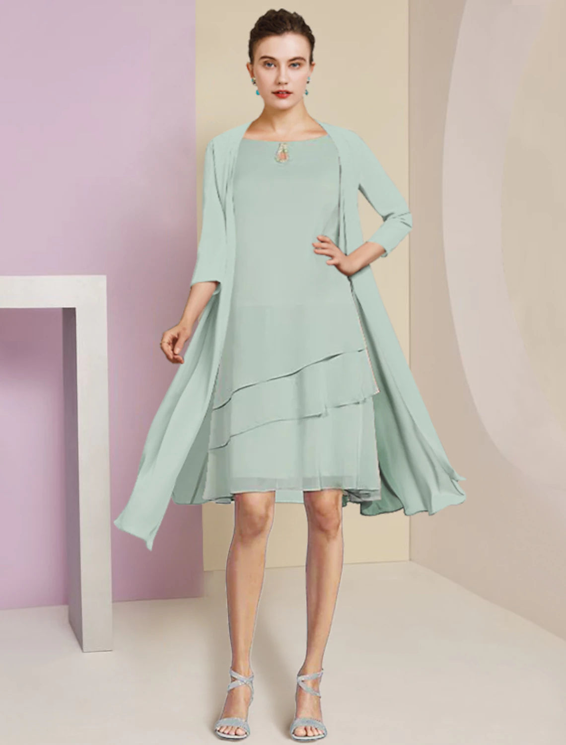 Luolandi Two Piece A-Line Mother of the Bride Dress Formal Wedding Guest Elegant Scoop Neck Knee Length Chiffon 3/4 Length Sleeve