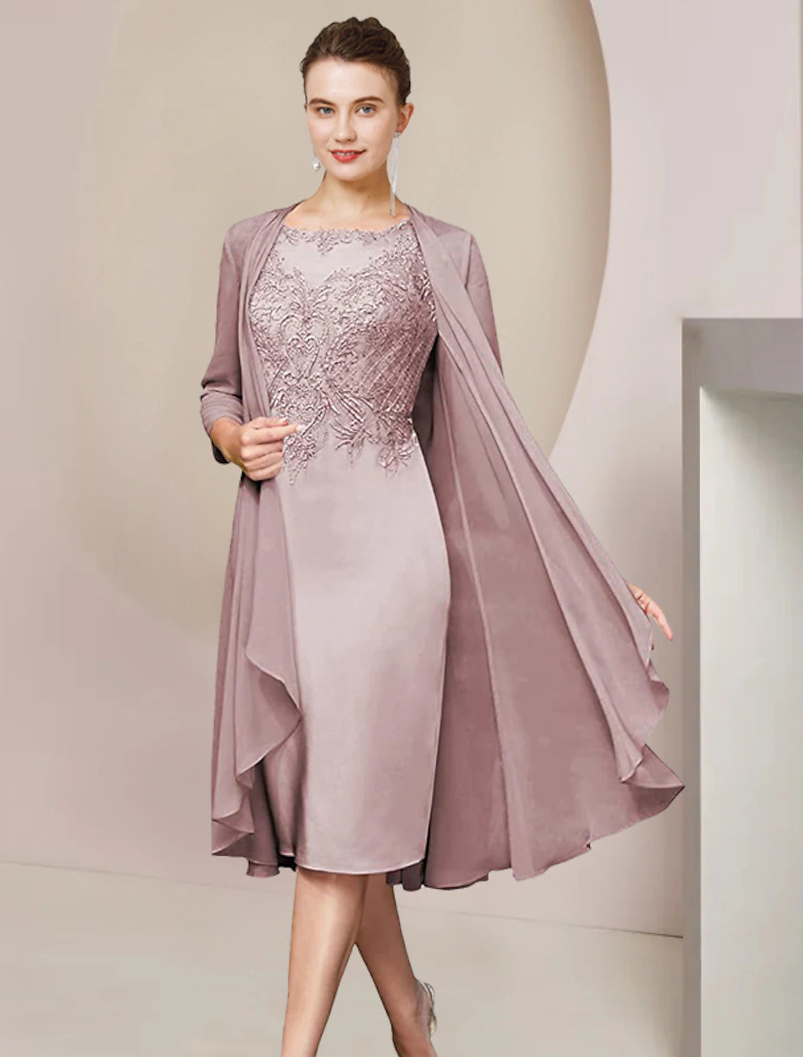 Luolandi Two Piece Sheath / Column Mother of the Bride Dress Formal Wedding Guest Elegant Scoop Neck Knee Length Chiffon Lace Half Sleeve Jacket Dresses
