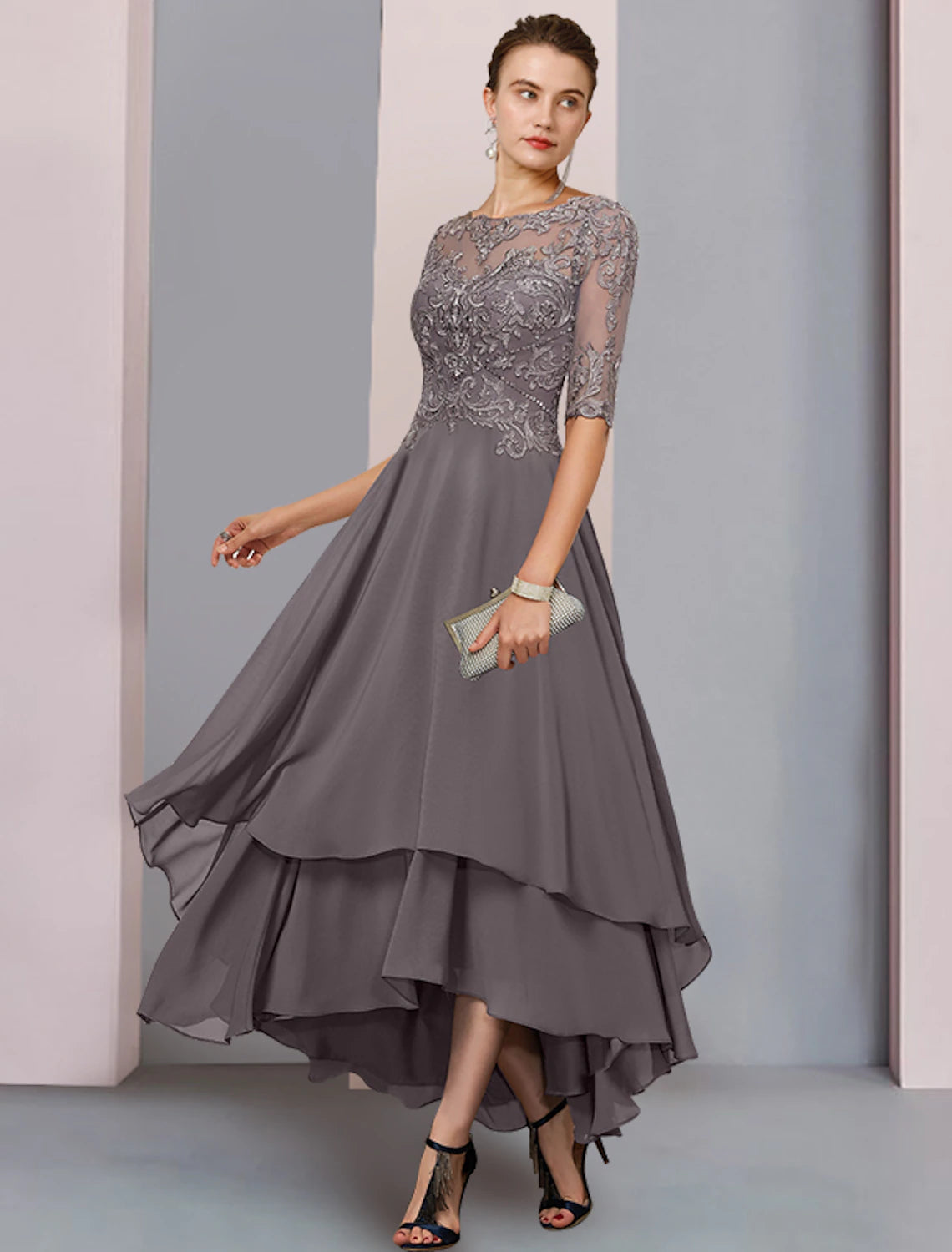 Luolandi A-Line Mother of the Bride Dress Formal Wedding Guest Elegant Scoop Neck Asymmetrical Tea Length Chiffon Lace 3/4 Length Sleeve with Beading