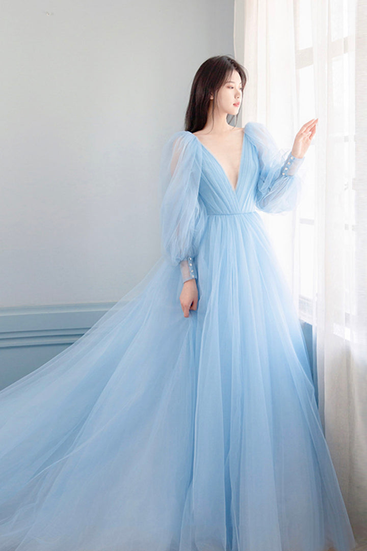 Luolandi Blue V-Neck Tulle Long Prom Dress A-Line Long Sleeve Evening Dress Beautiful