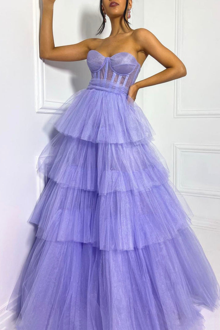 Luolandi Purple Strapless Layers Tulle Long Prom Dress A-Line Evening Dress Off Shoulder