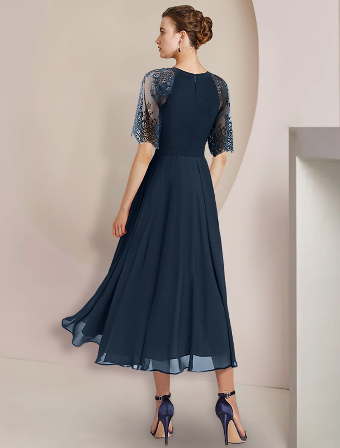 Luolandi A-Line Mother of the Bride Dress Formal Wedding Guest Party Elegant High Low Scoop Neck Tea Length Chiffon Lace 3/4 Length Sleeve with Pleats