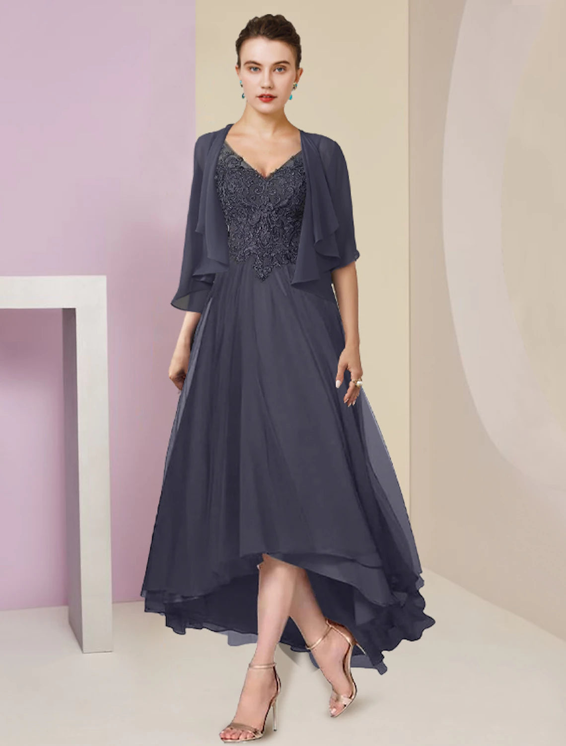 Luolandi Two Piece A-Line Mother of the Bride Dress Formal Wedding Guest Elegant High Low V Neck Asymmetrical Tea Length Chiffon Lace Short Sleeve Wrap Included