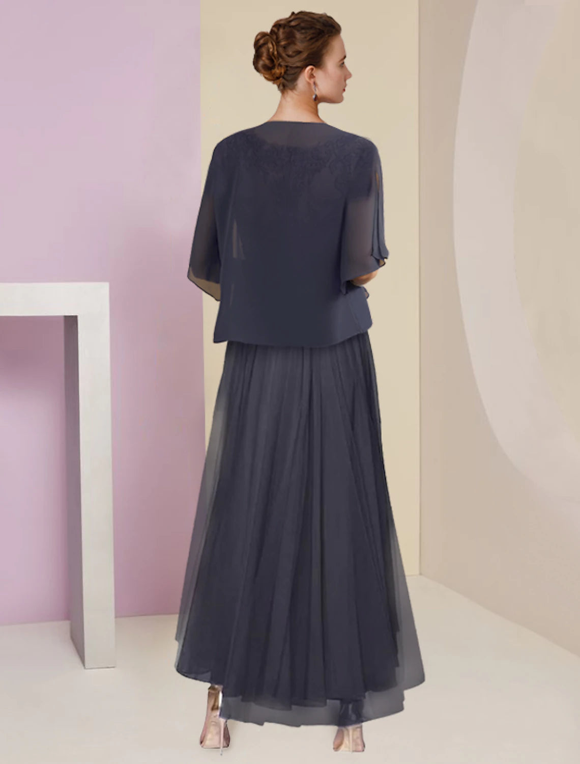 Luolandi Two Piece A-Line Mother of the Bride Dress Formal Wedding Guest Elegant High Low V Neck Asymmetrical Tea Length Chiffon Lace Short Sleeve Wrap Included