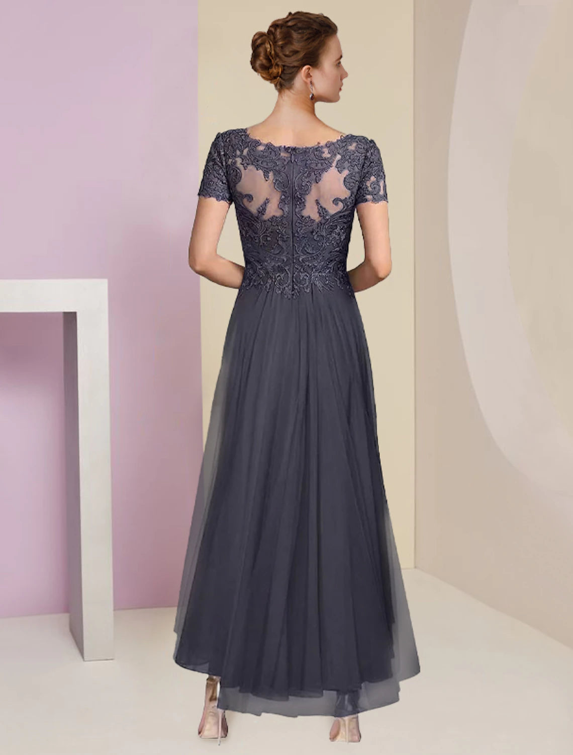 Luolandi Two Piece A-Line Mother of the Bride Dress Formal Wedding Guest Elegant High Low V Neck Asymmetrical Tea Length Chiffon Lace Short Sleeve Wrap Included