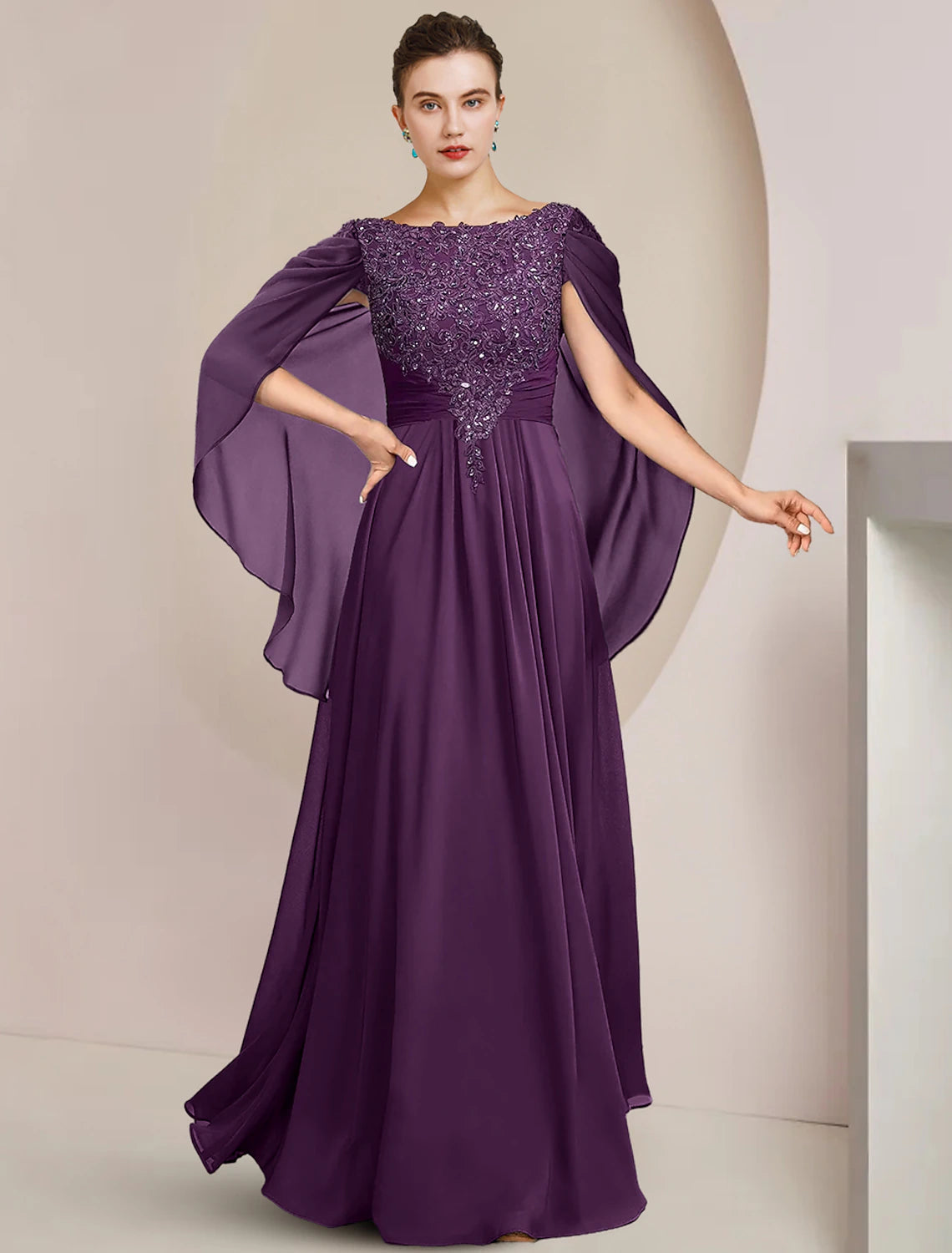 Luolandi A-Line Mother of the Bride Dress Formal Wedding Guest Elegant Scoop Neck Floor Length Chiffon Lace Sleeveless with Beading