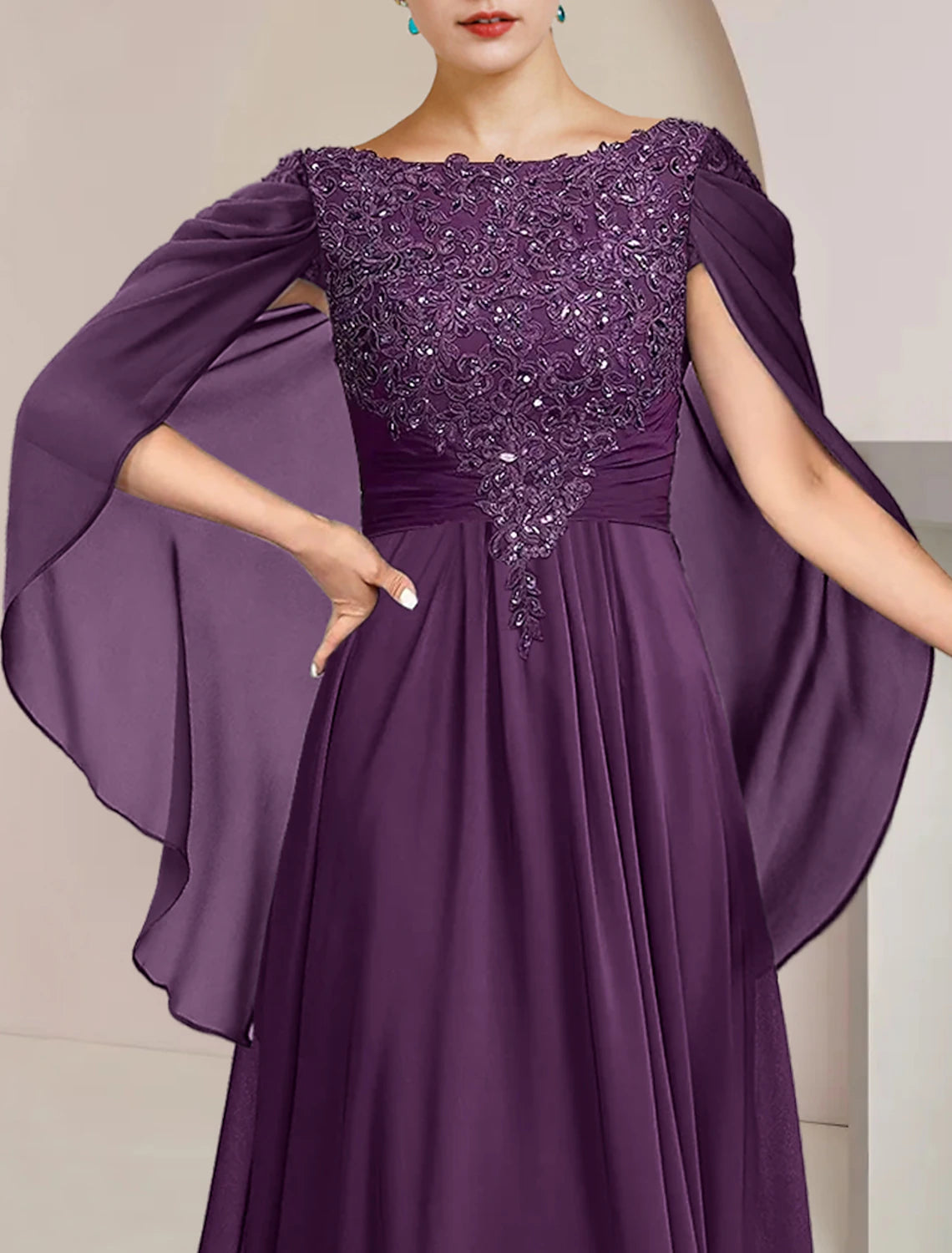 Luolandi A-Line Mother of the Bride Dress Formal Wedding Guest Elegant Scoop Neck Floor Length Chiffon Lace Sleeveless with Beading