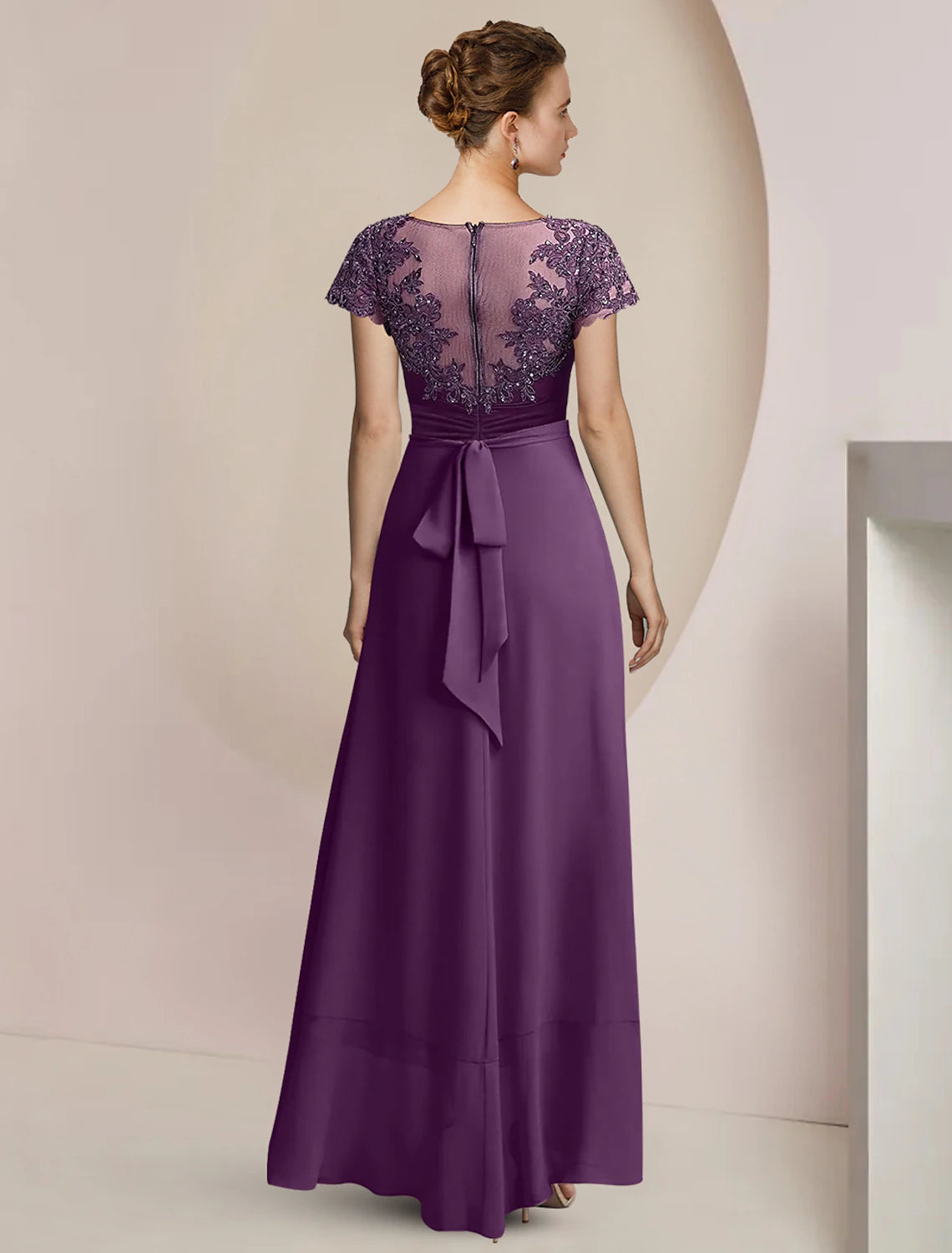 Luolandi A-Line Mother of the Bride Dress Formal Wedding Guest Party Elegant Scoop Neck Asymmetrical Tea Length Chiffon Lace Short Sleeve with Beading