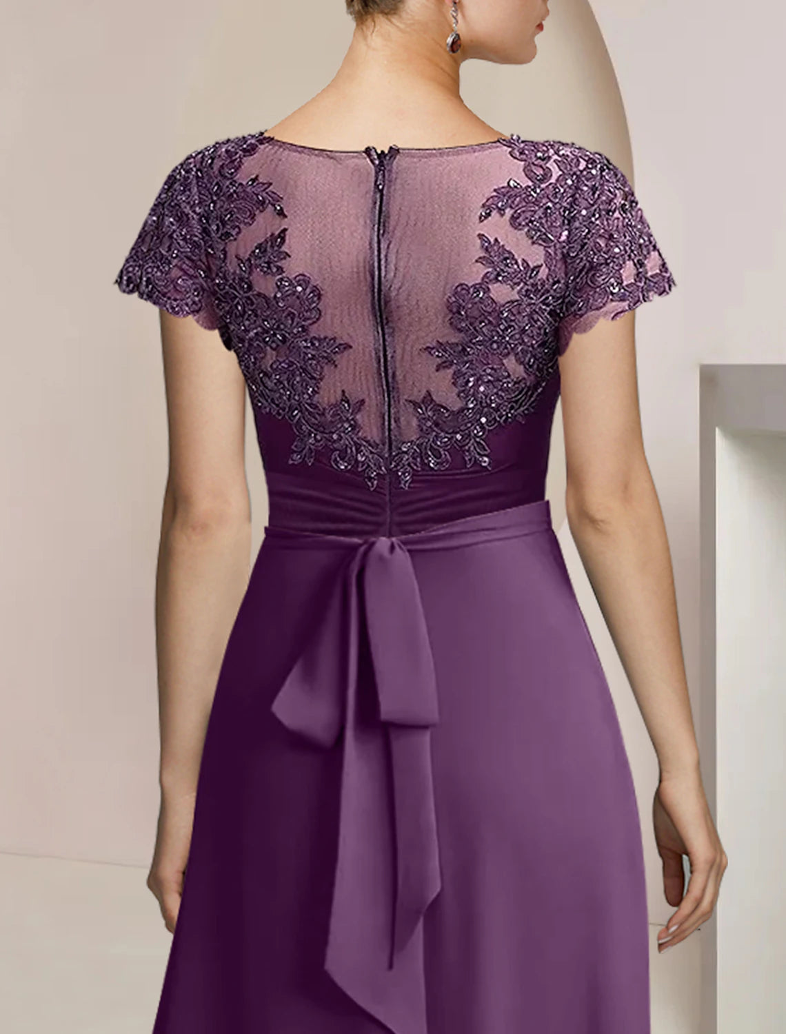 Luolandi A-Line Mother of the Bride Dress Formal Wedding Guest Party Elegant Scoop Neck Asymmetrical Tea Length Chiffon Lace Short Sleeve with Beading