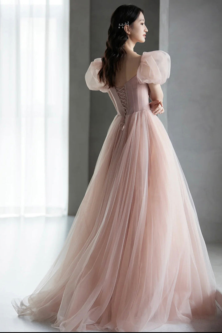 Luolandi Pink Tulle Beaded Long Prom Dress Cute Puff Sleeves Evening Dress Party Dress